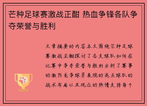 芒种足球赛激战正酣 热血争锋各队争夺荣誉与胜利